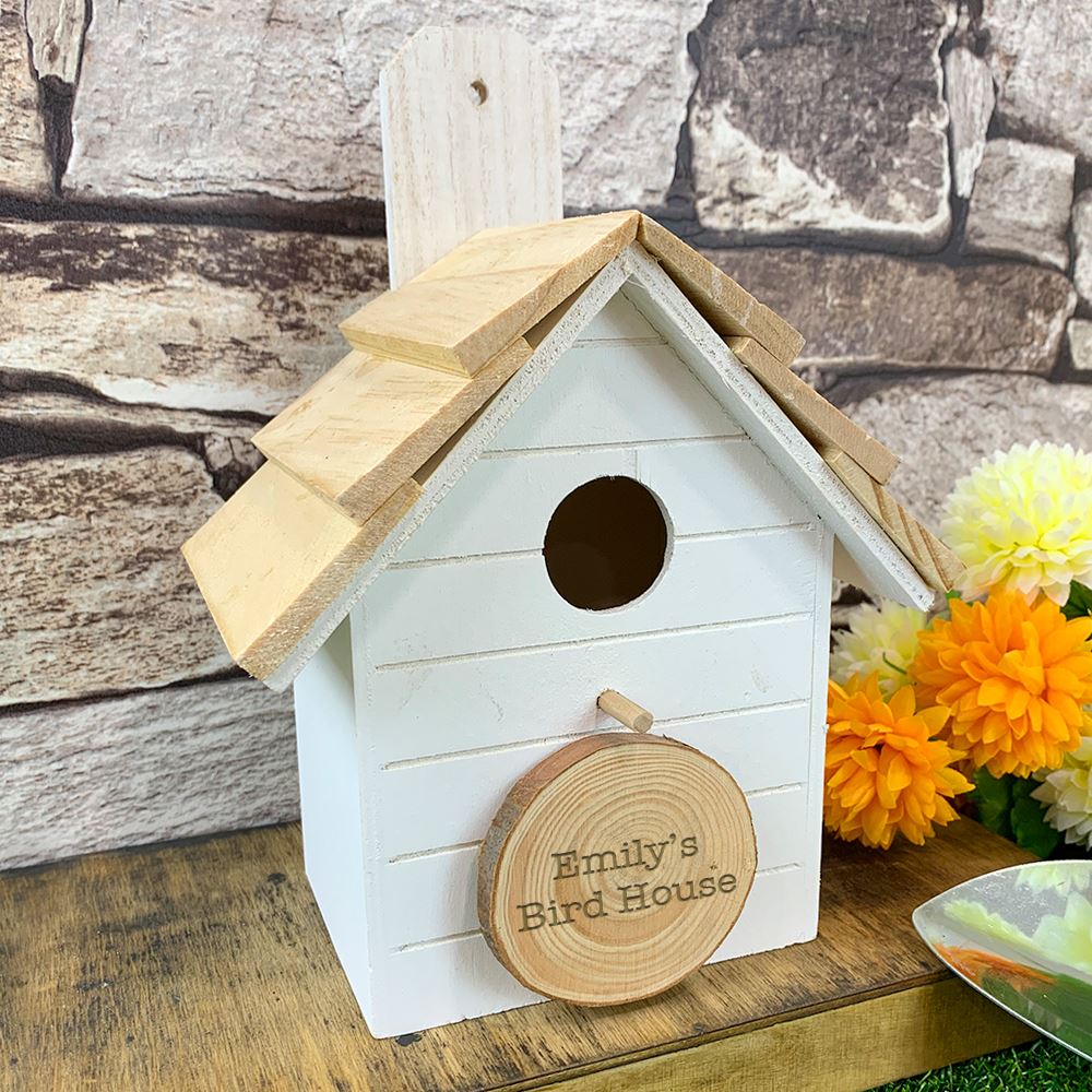 Personalised Wooden Bird House Beach Hut Style White | GiftStore.co.uk